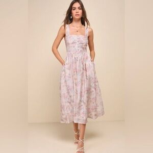 Lulu's Pastel Pink Floral Square-Neck Midi Dress